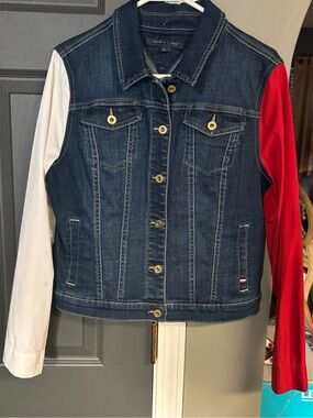 Tommy Hilfiger Denim Jacket with Red and White Sleeves